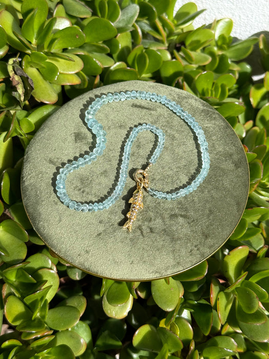Aquamarine Beaded Necklace with Gold Plated Silver Fish Charm