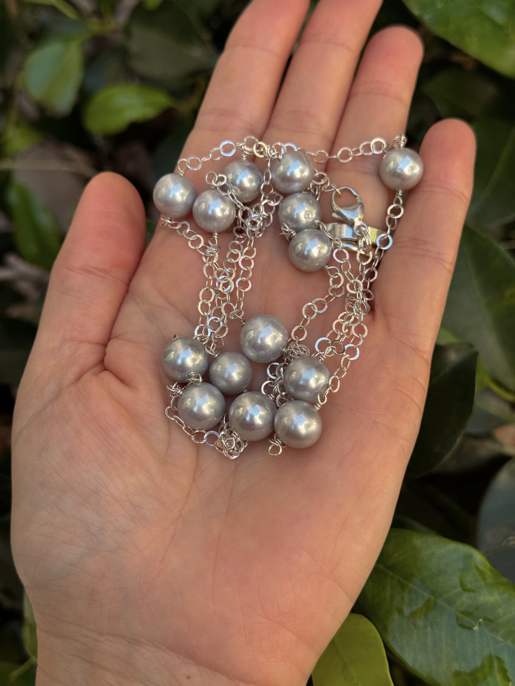 Long Silver Chain With Round Grey Pearls