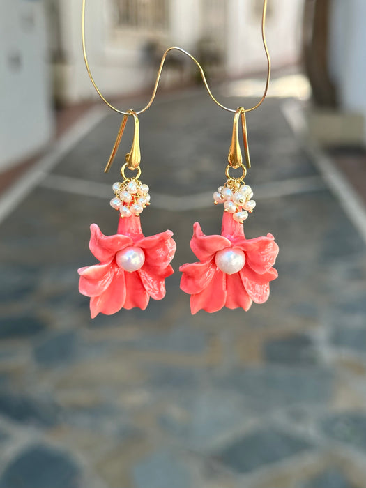 Carved shell flower and pearl earrings