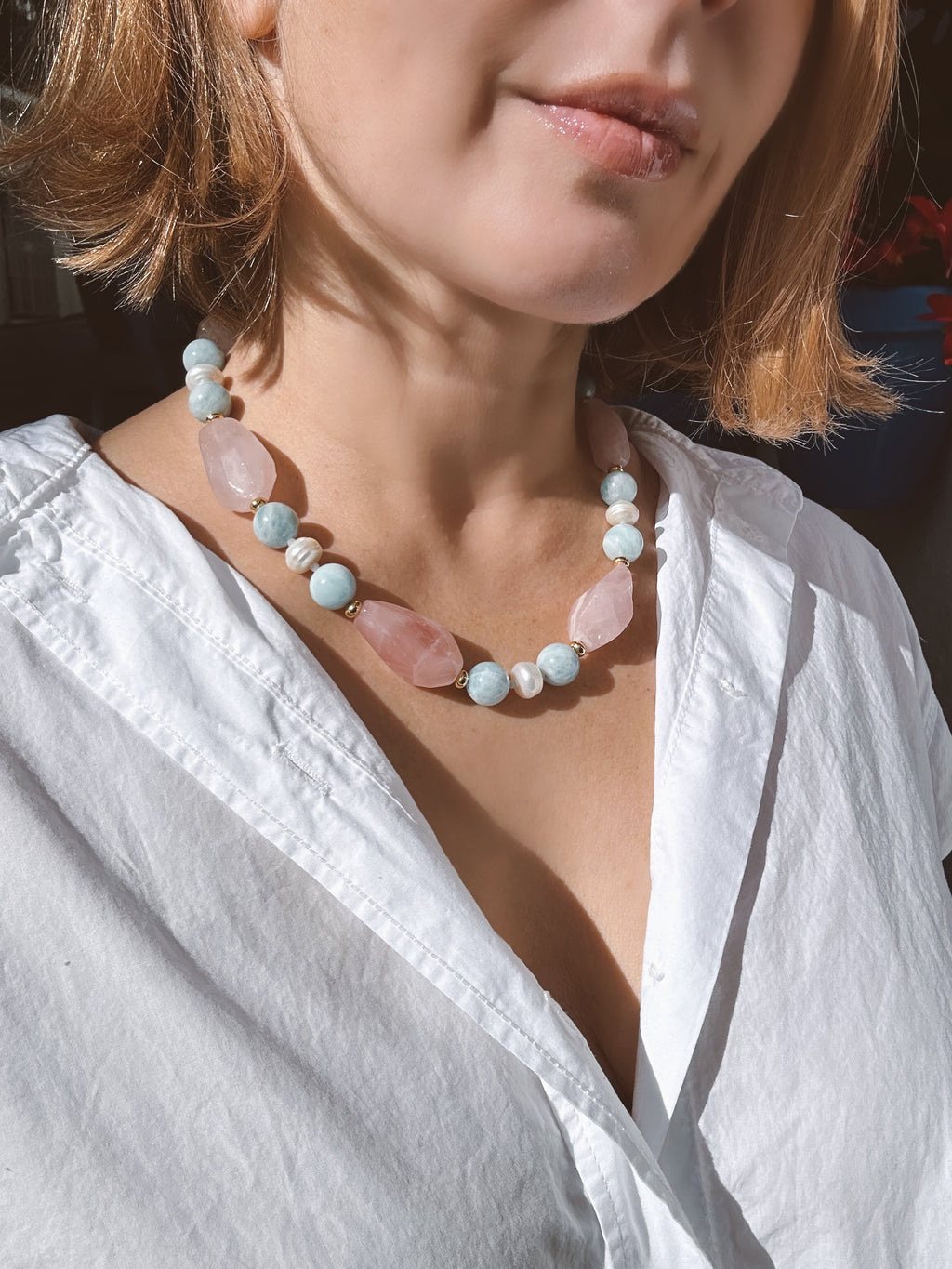 Chunky Rose Quartz, Aquamarine and Pearl Statement Necklace