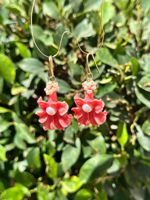 Carved shell flower and pearl earrings