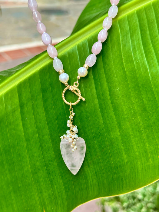 Rose Quartz Lariat Necklace With Heart Pendant