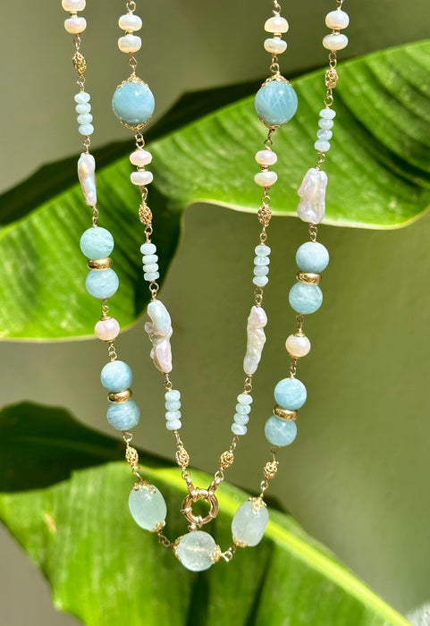 Long Aquamarine And Pearl Chain