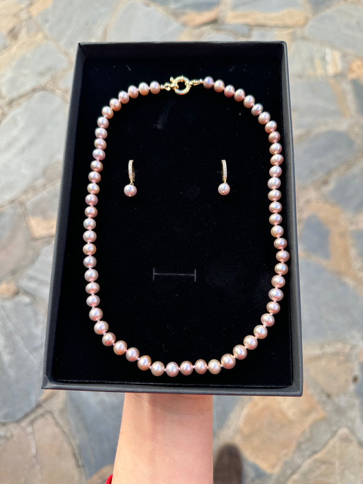 Golden Pink Pearl Necklace and Earrings Set