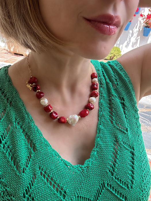 Red Coral And Pearl Statement Necklace