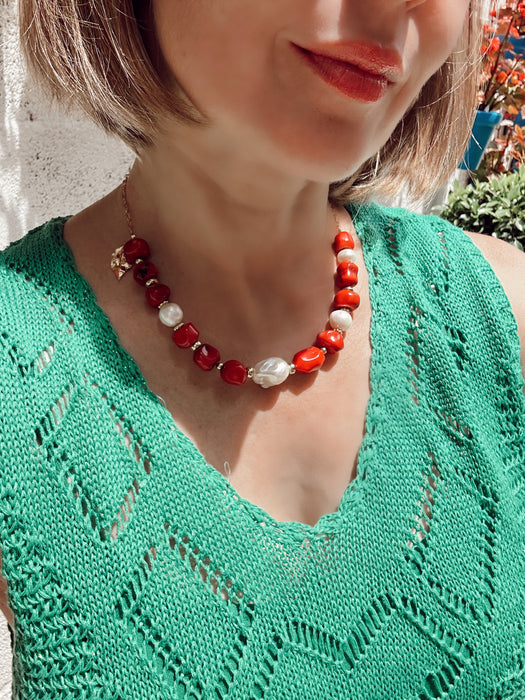 Red Coral And Pearl Statement Necklace