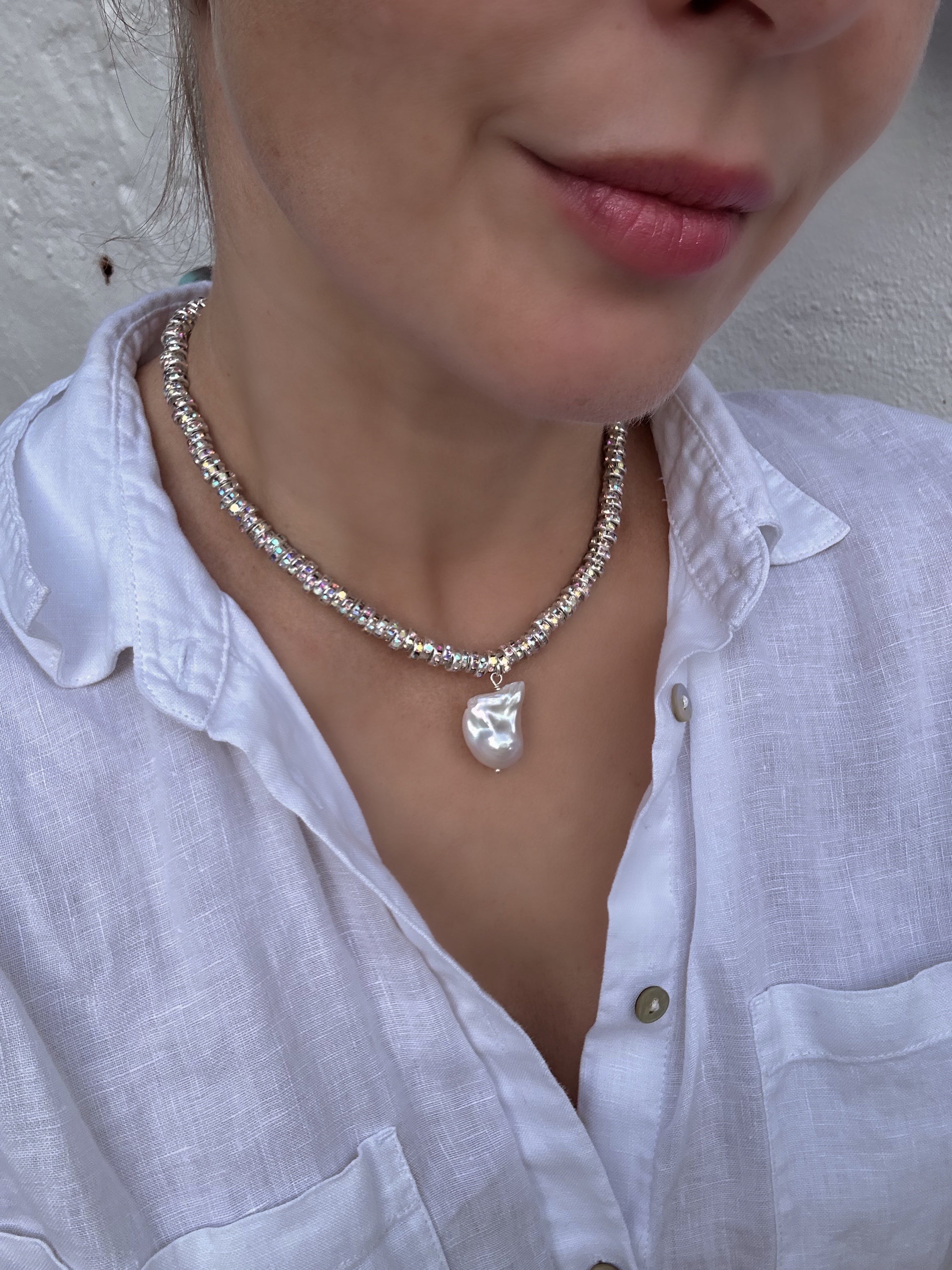 New Year Eve’s Sparkling Necklace with Baroque Pearl