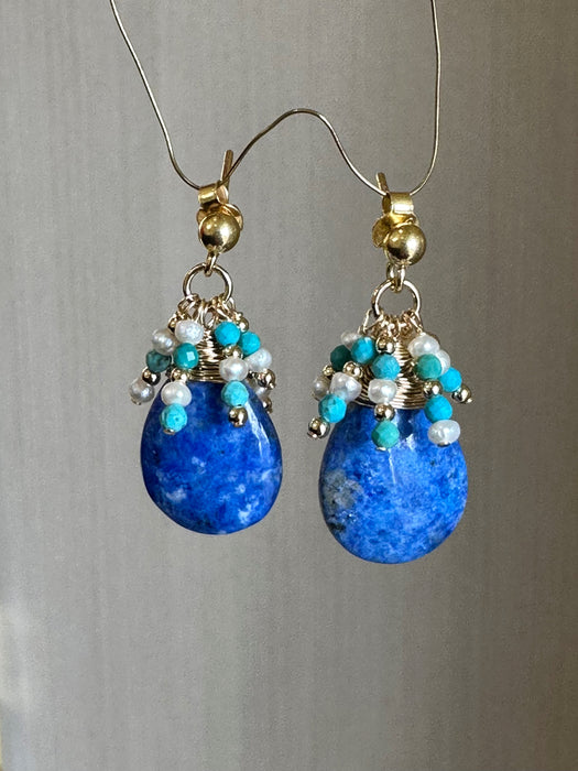 Lapis Lazuli, Natural Turquoise and Pearls Dangle Earrings