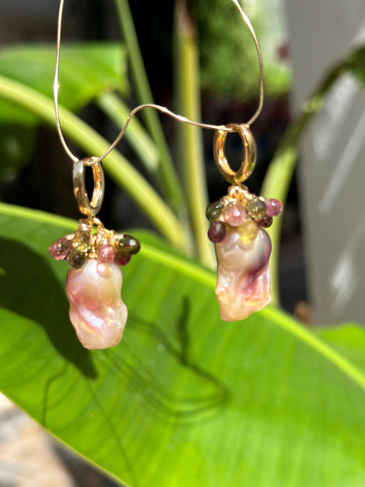 Purple Baroque Pearl with Cascade of Tourmalines Earrings