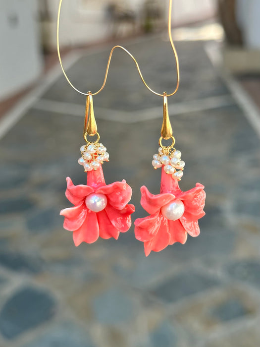 Carved shell flower and pearl earrings