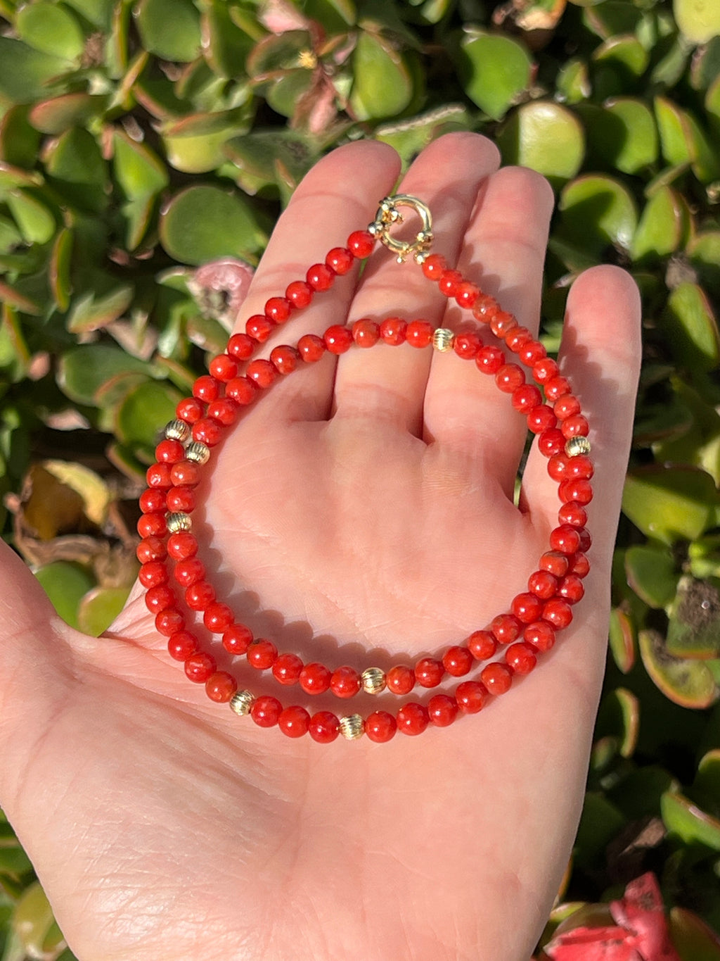 Red Mediterranean Coral Necklace in Solid 18k Gold
