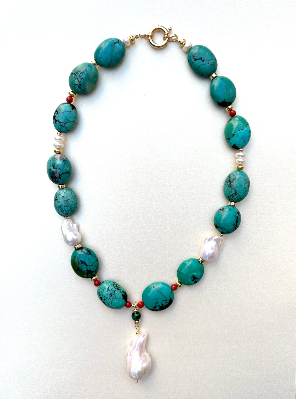 Chunky Natural Turquoise, Coral And Pearls Necklace