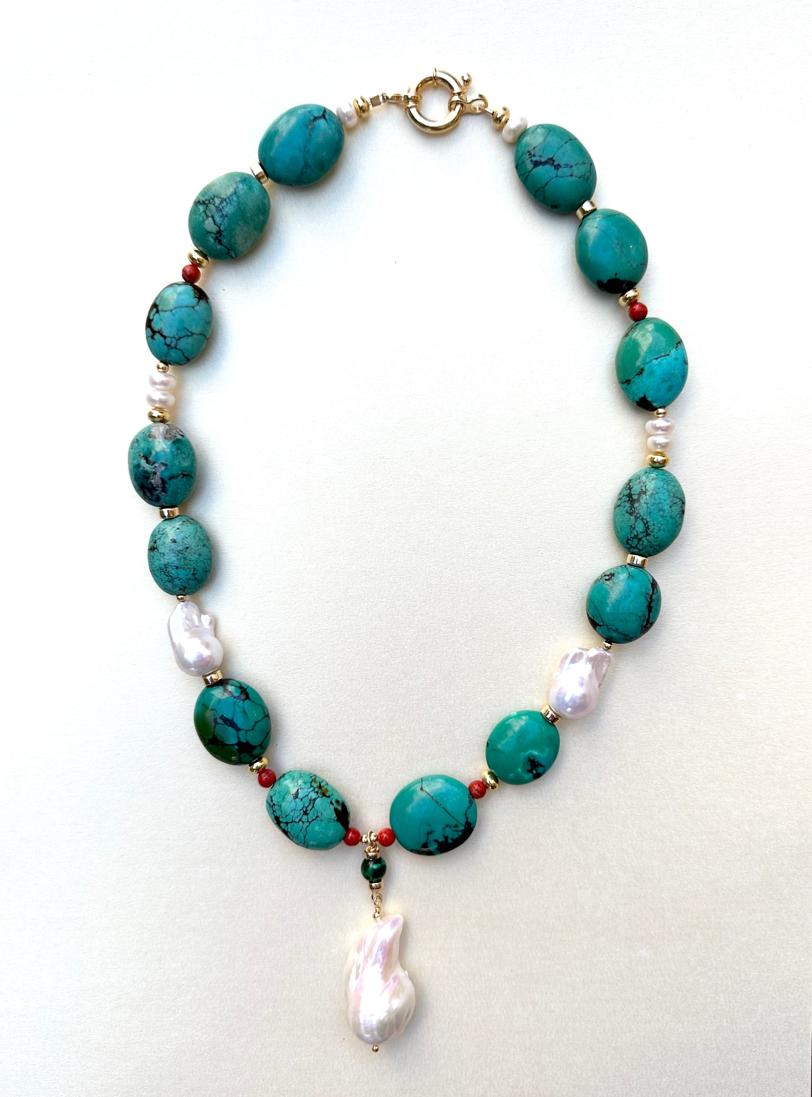 Chunky Natural Turquoise, Coral And Pearls Necklace