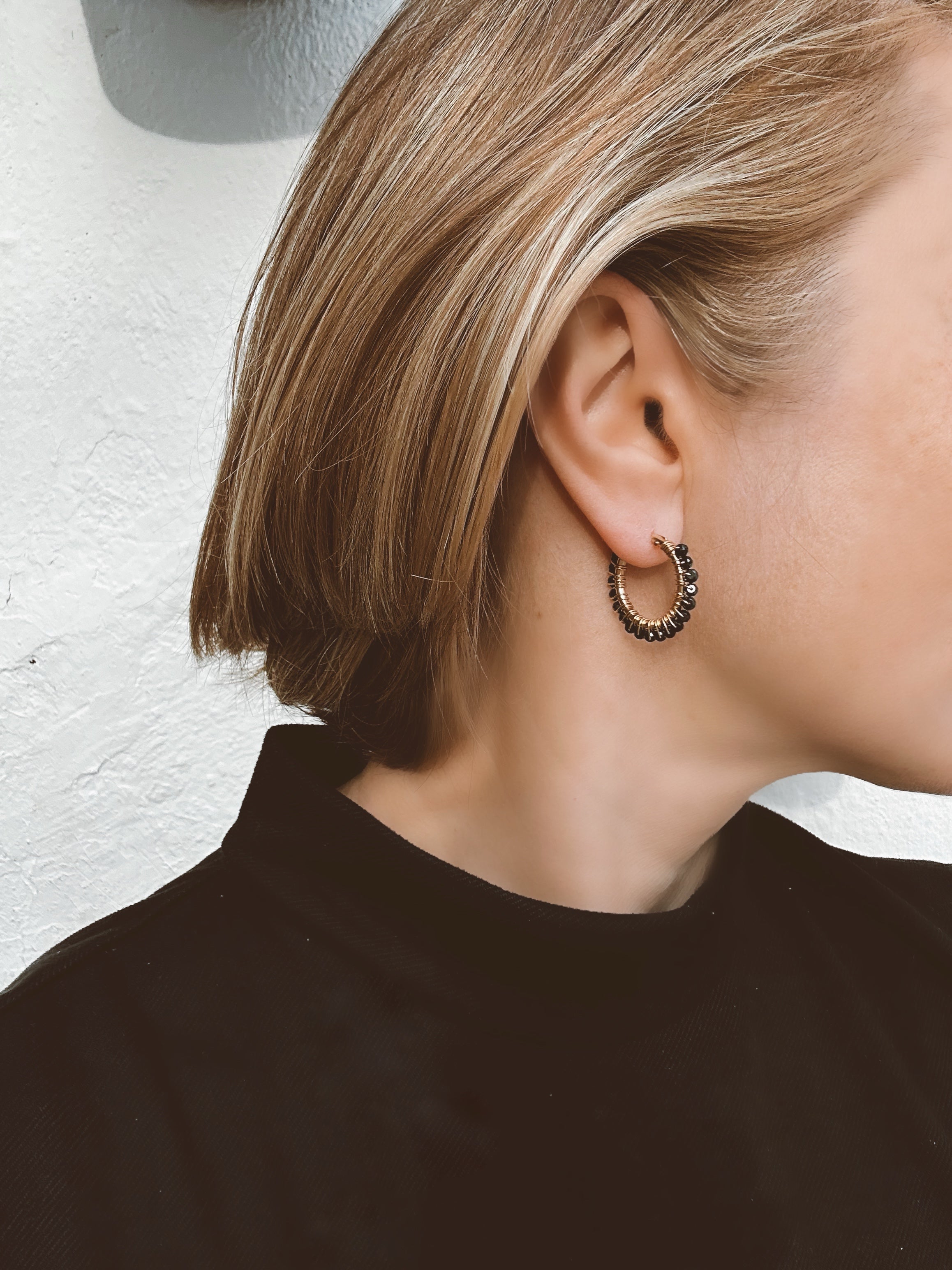 Black Spinel Hoop Earrings