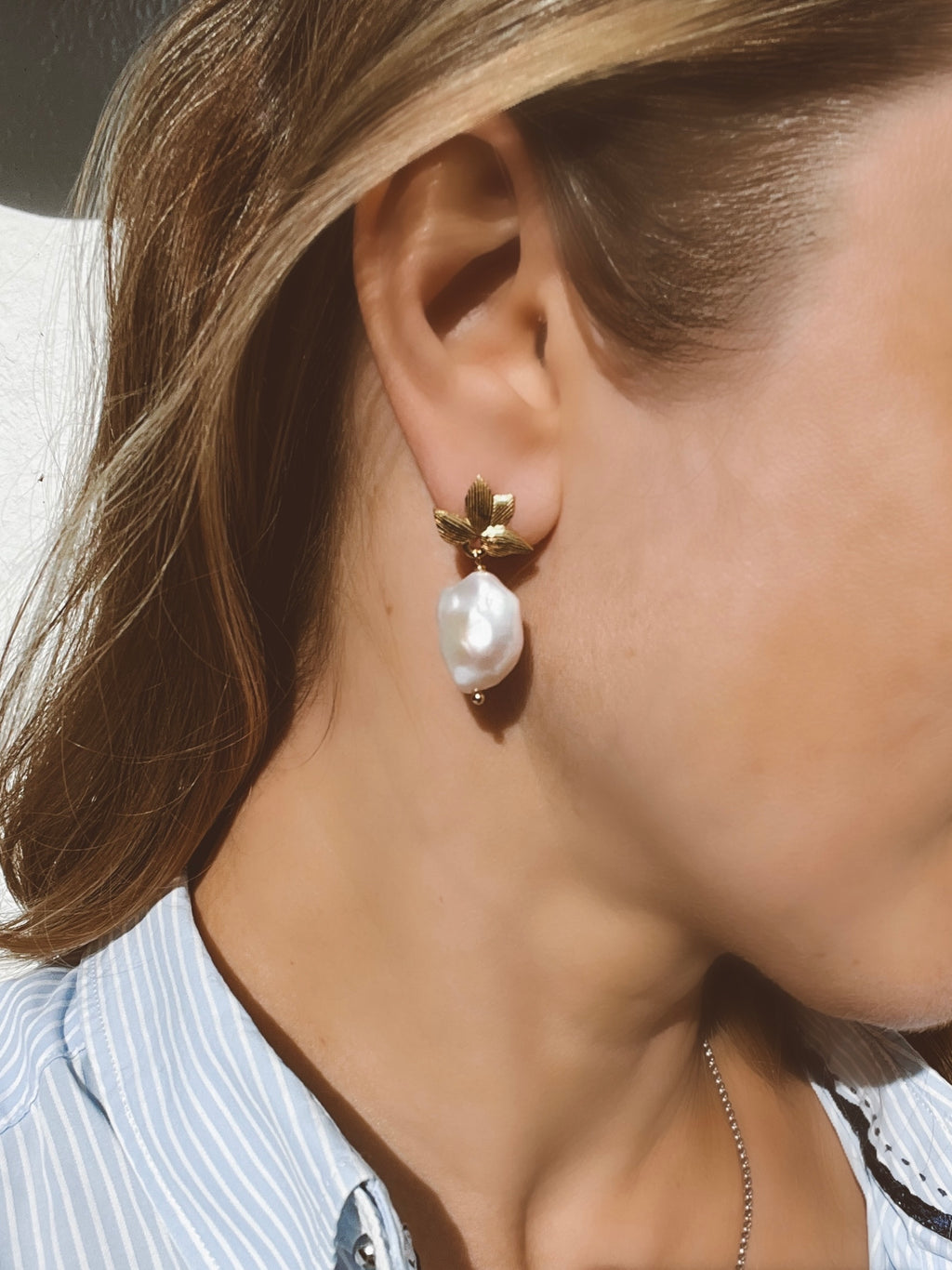 Baroque Pearl Drop Earrings On Golden Leaves Studs