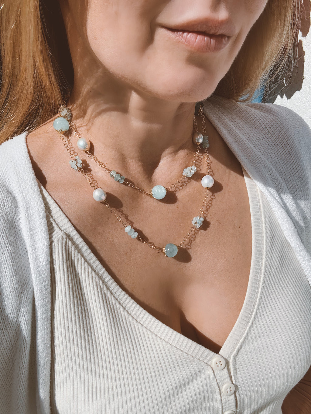Aquamarine & Freshwater Pearl Long Necklace “Capri”