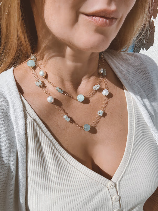 Aquamarine and Freshwater Pearl Long Necklace