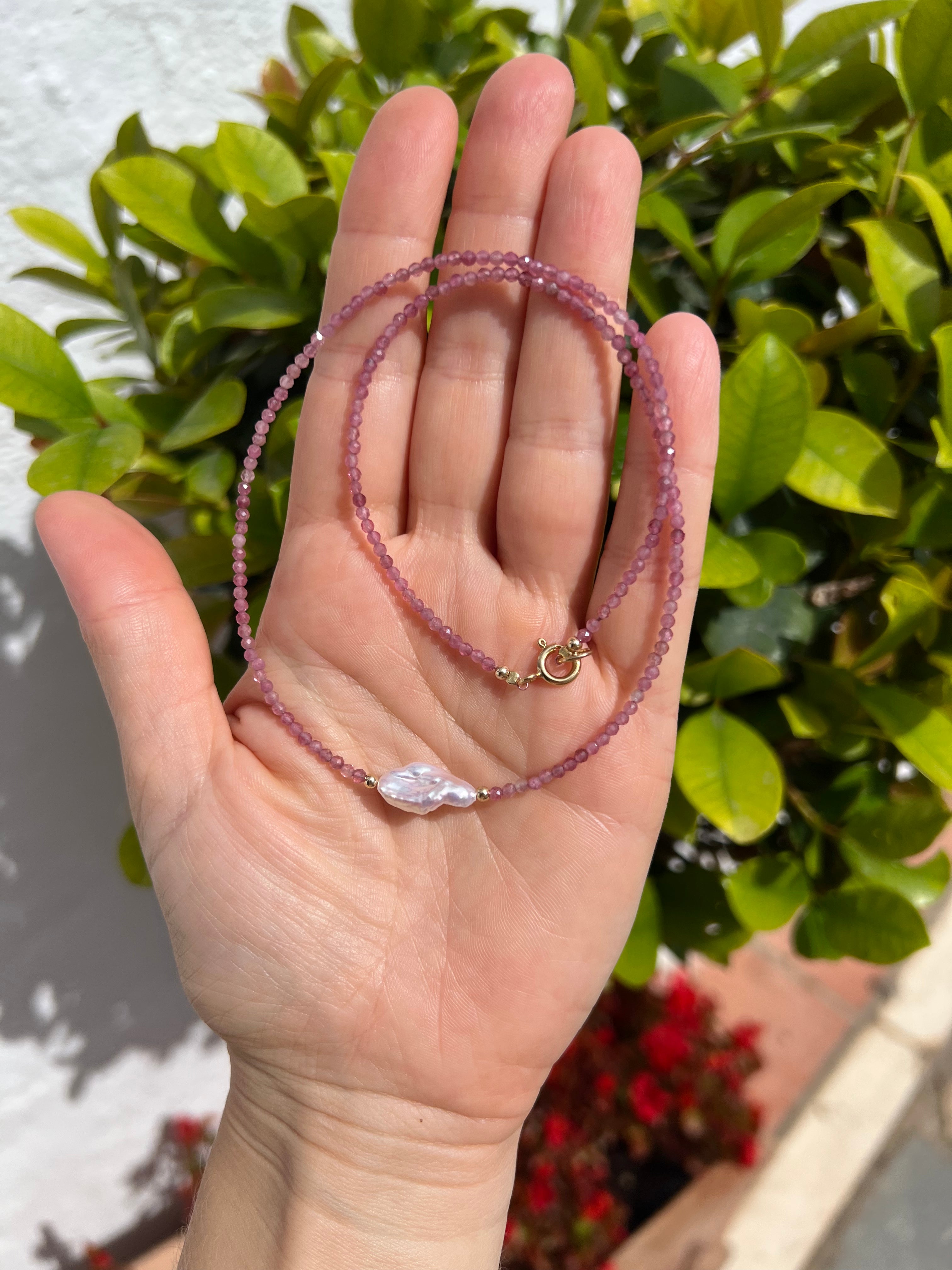 Pink Tourmaline and Keshi Pearl Necklace, October Birthstone Necklace