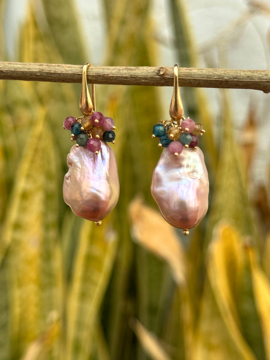 Purple Baroque Pearl Drop Earrings With Tourmalines