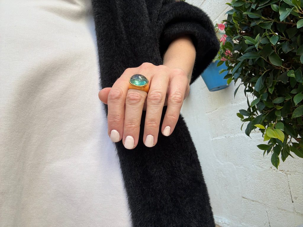 Teal Fluorite Cabochon Ring — Gold-Plated Sterling Silver