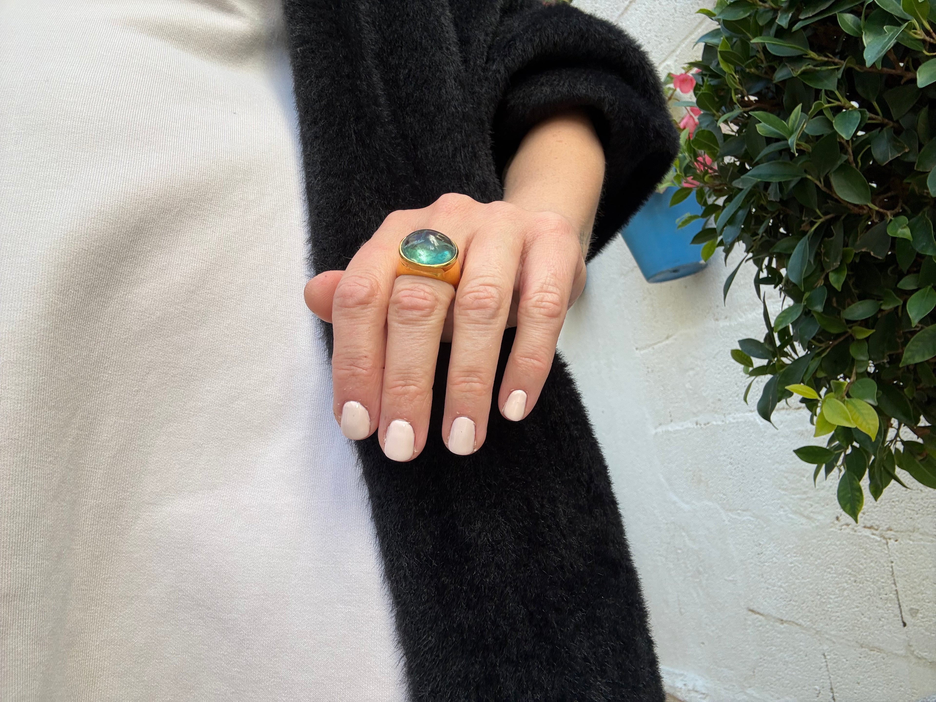 Teal Fluorite Cabochon Ring — Gold-Plated Sterling Silver