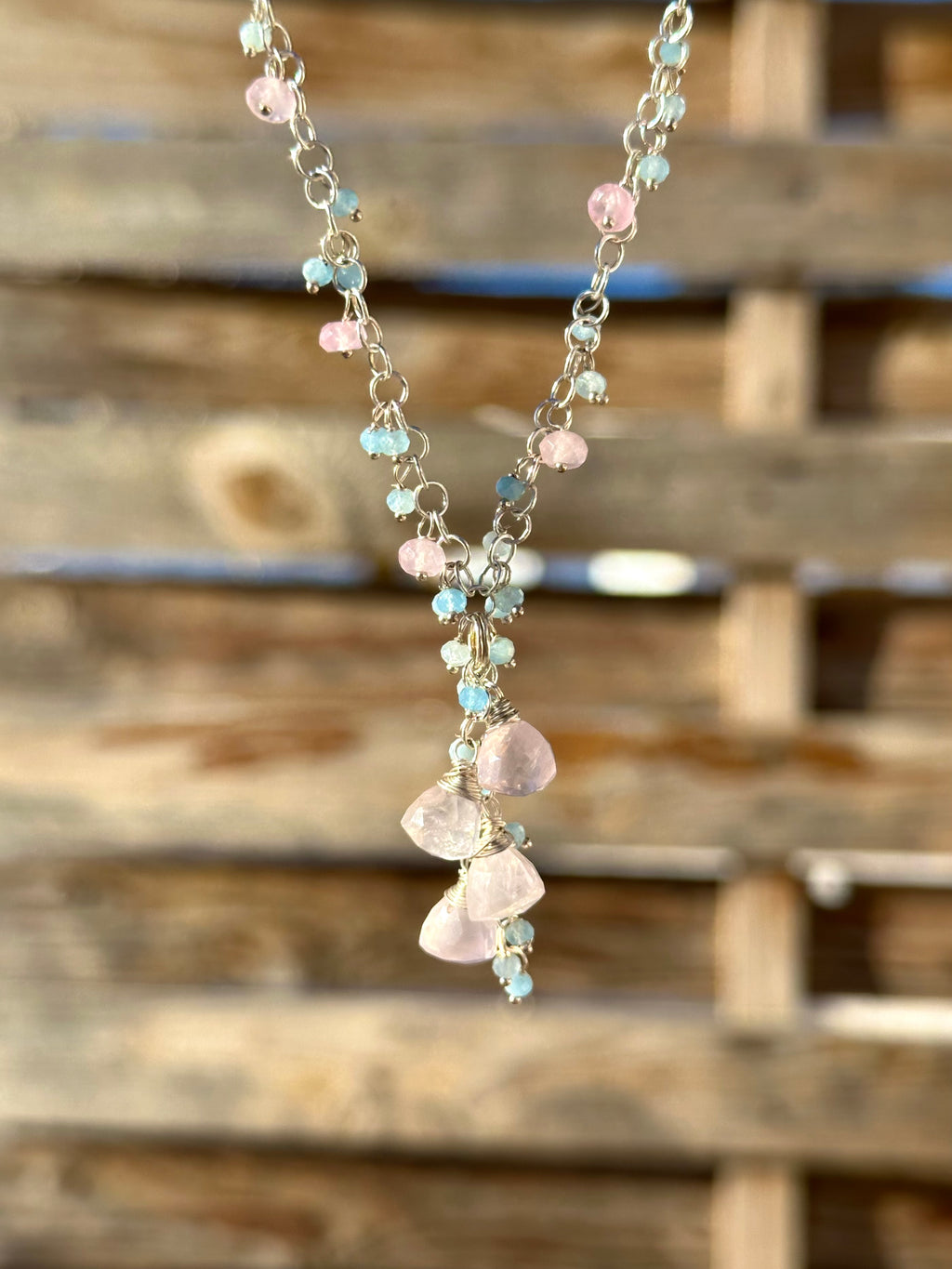 Rose Quartz And Aquamarine Silver Necklace