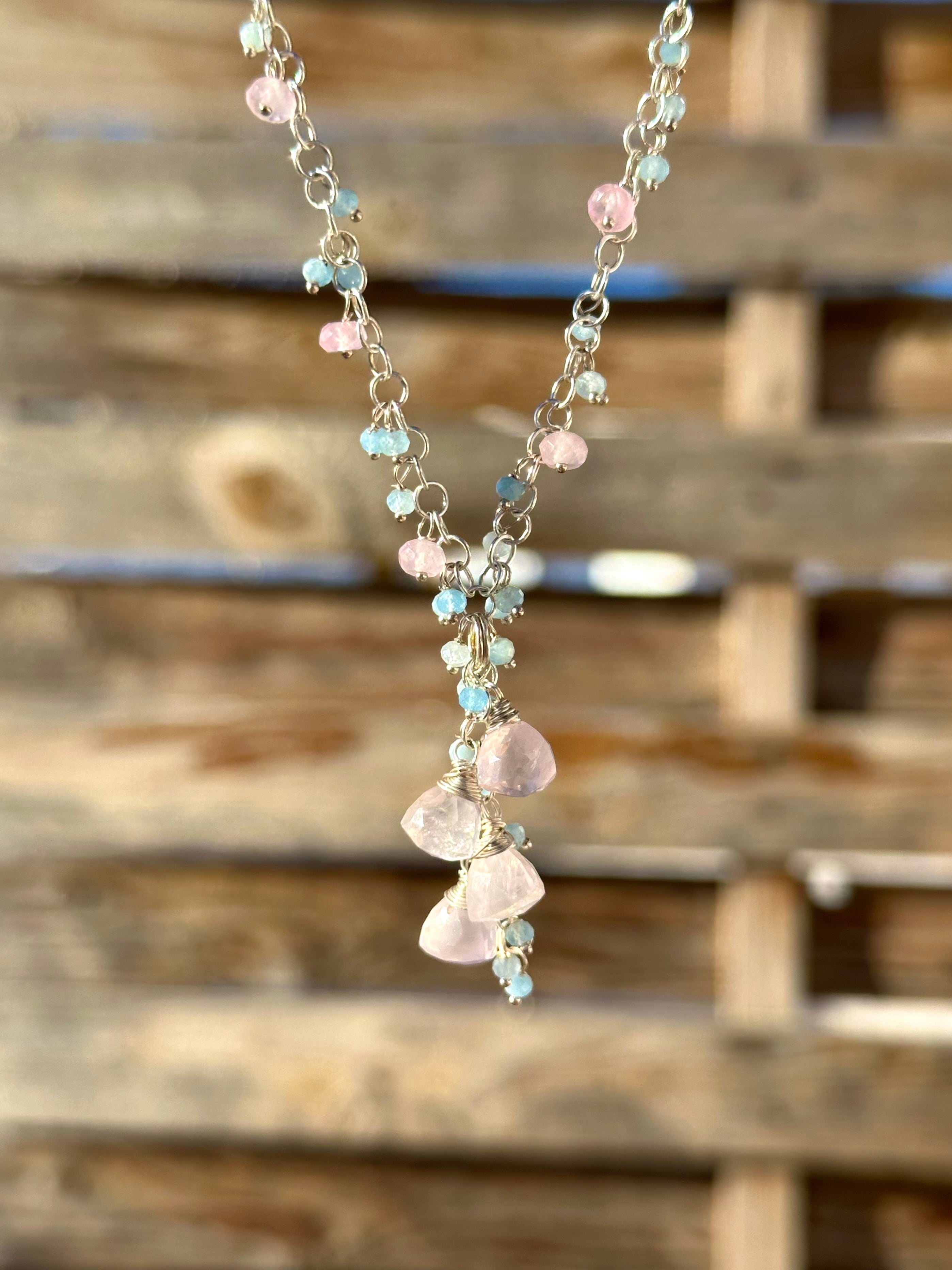Rose Quartz And Aquamarine Silver Necklace
