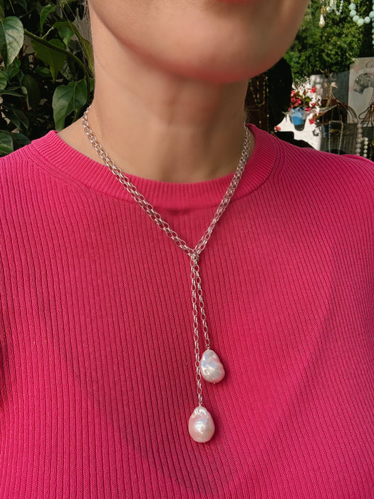 Lariat Silver Chain With Two Baroque Pearls