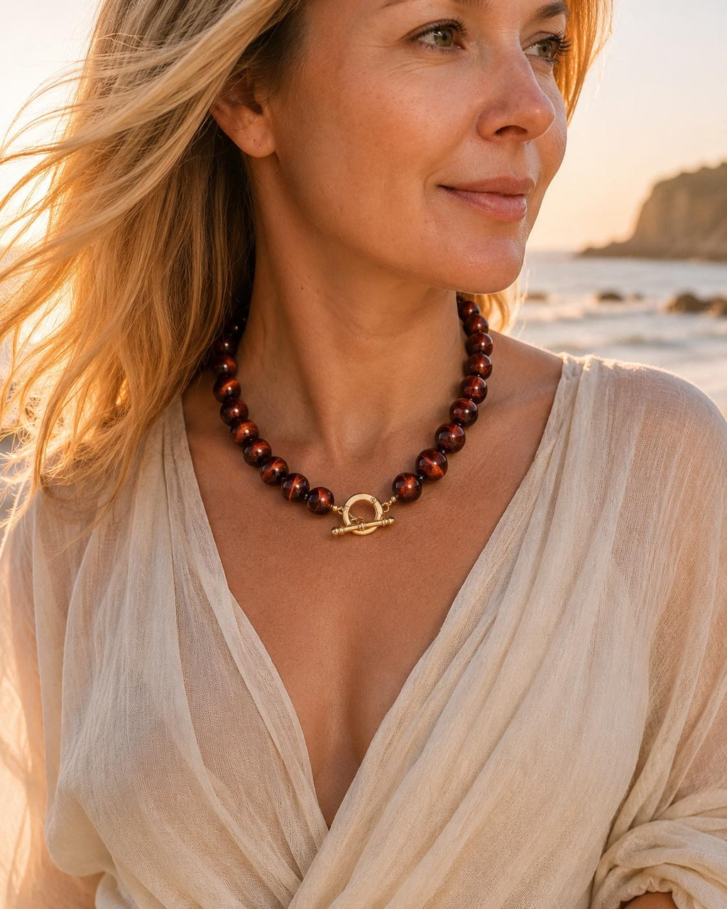 Chunky Red Tiger Eye Stone Necklace
