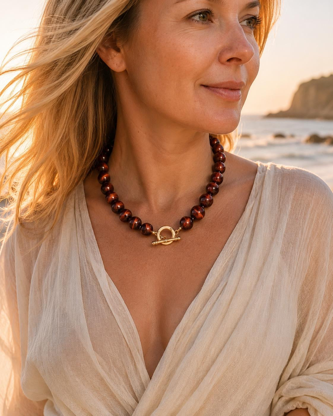 Chunky Red Tiger Eye Stone Necklace