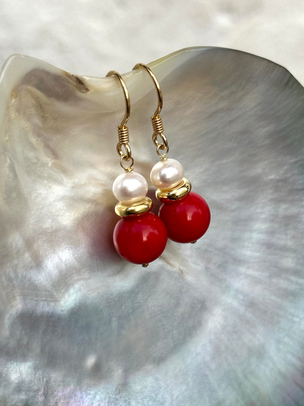 Red Coral And Pearl Drop Earrings