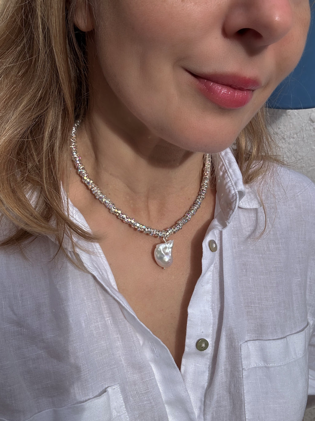 New Year Eve’s Sparkling Necklace with Baroque Pearl