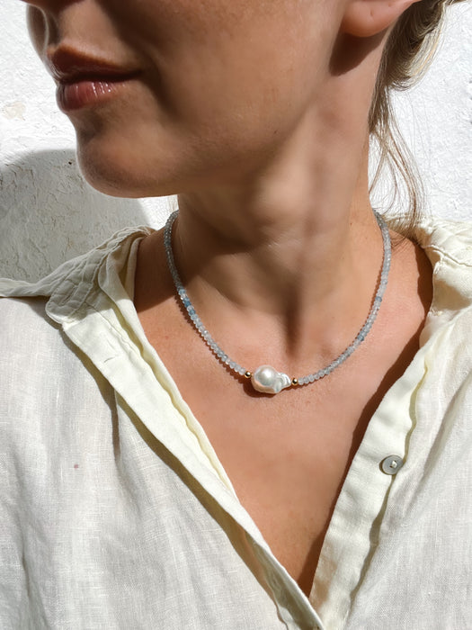 Aquamarine And Baroque Pearl Necklace, March Birthstone