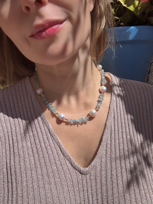 Aquamarine Chips And Pearl Necklace