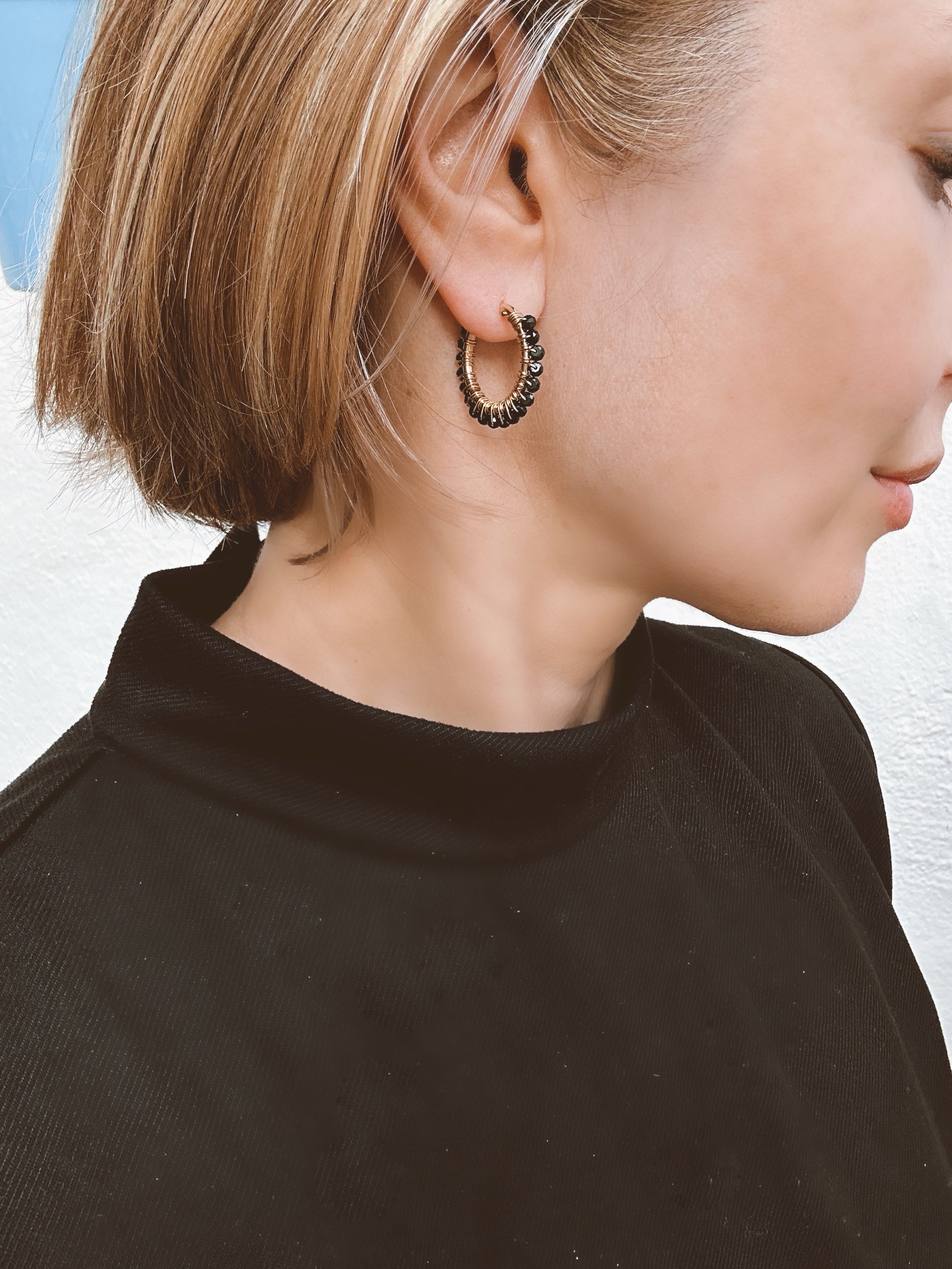 Black Spinel Hoop Earrings