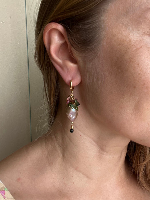 Purple Baroque Pearl and Tourmaline Drop Earrings
