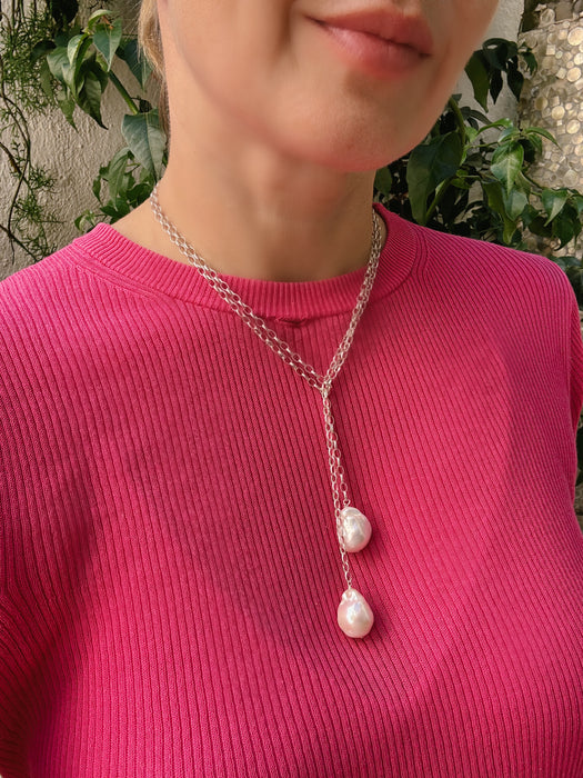 Lariat Silver Chain With Two Baroque Pearls