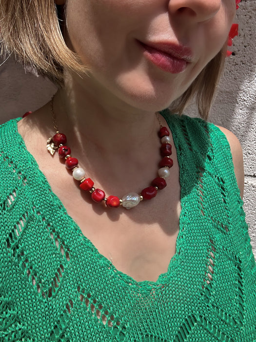 Red Coral And Pearl Statement Necklace