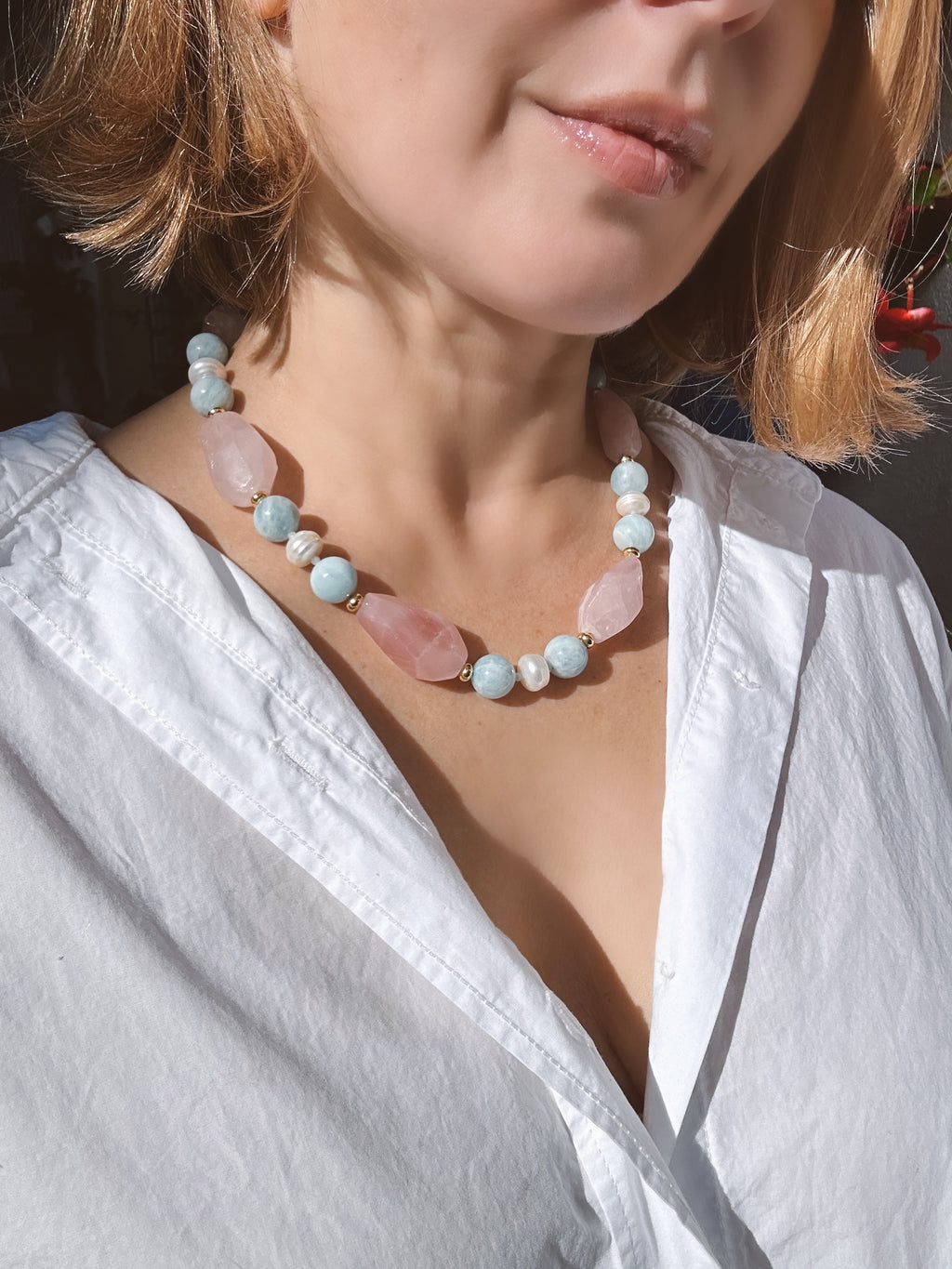 Chunky Rose Quartz, Aquamarine and Pearl Statement Necklace