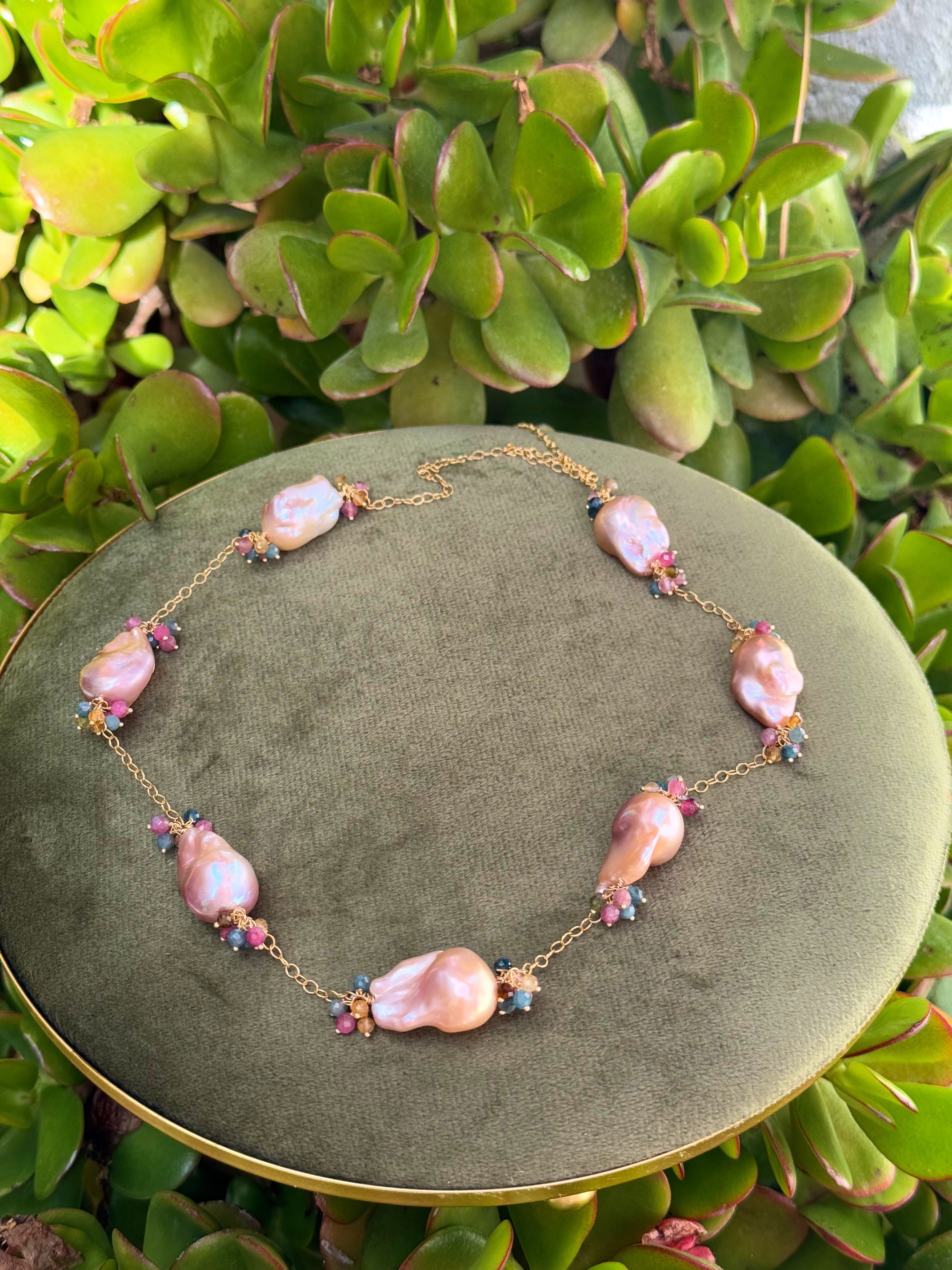 Purple Baroque Pearl & Rainbow Tourmaline Necklace — 14k Gold Filled
