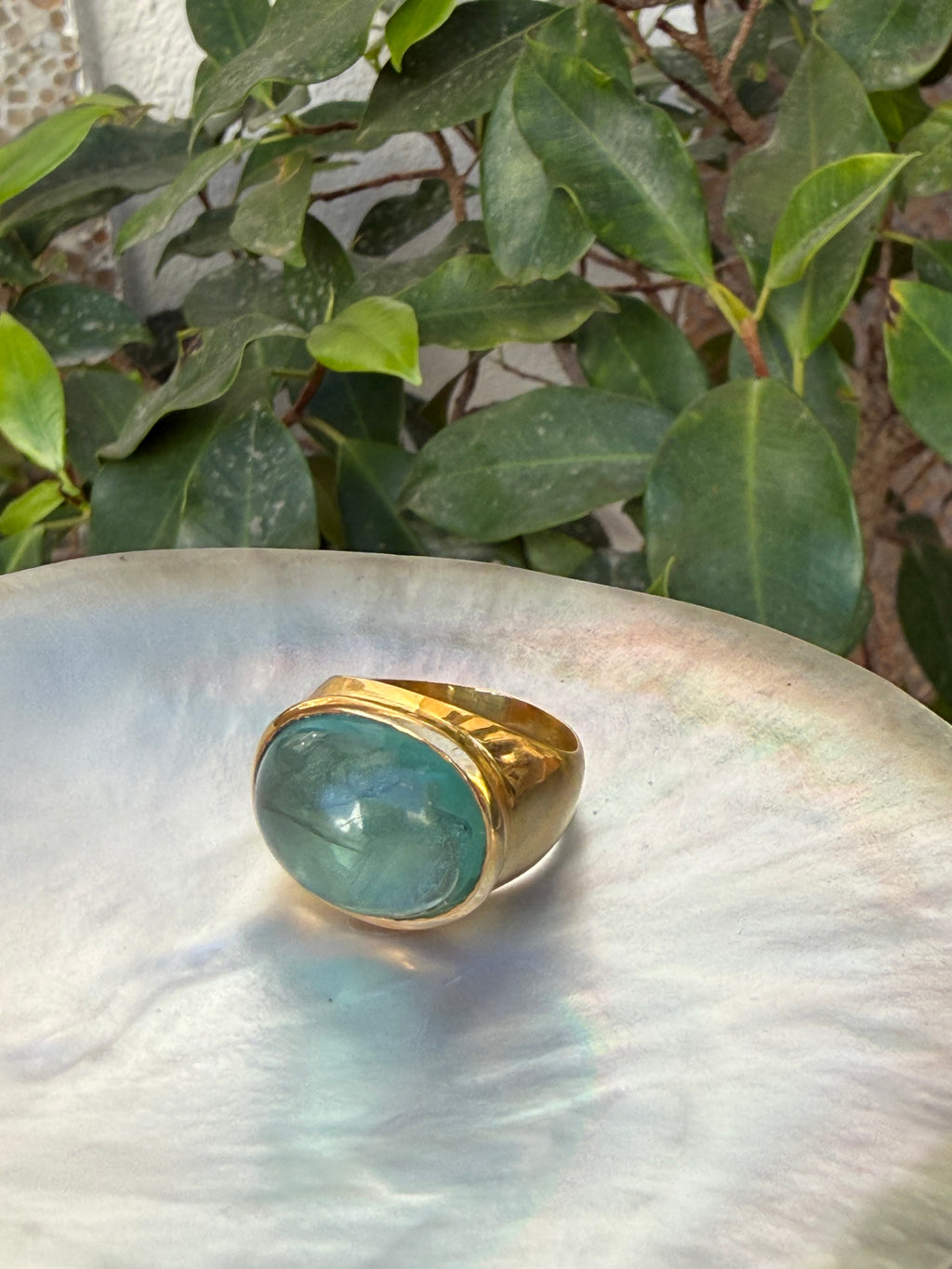 Teal Fluorite Cabochon Ring — Gold-Plated Sterling Silver