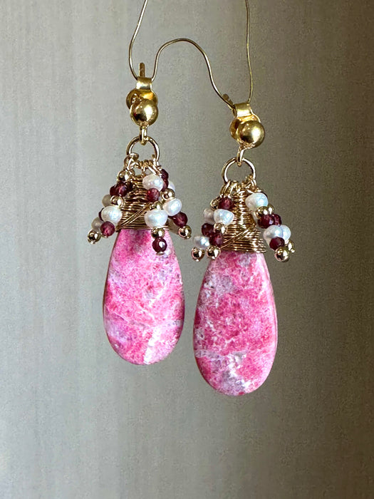 Rhodocrosite Drop Earrings with Garnet and Pearls Cluster