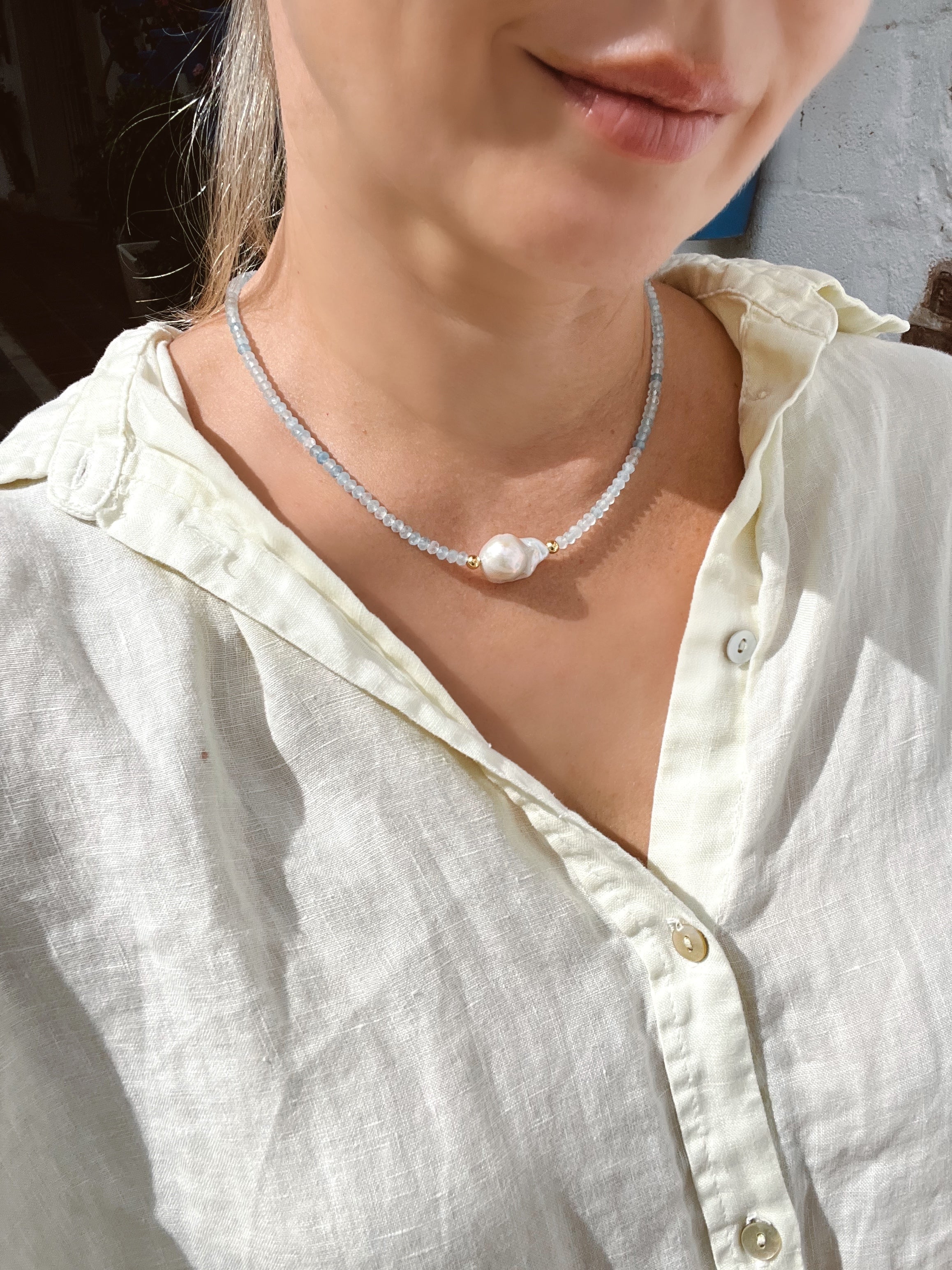 Aquamarine And Baroque Pearl Necklace, March Birthstone