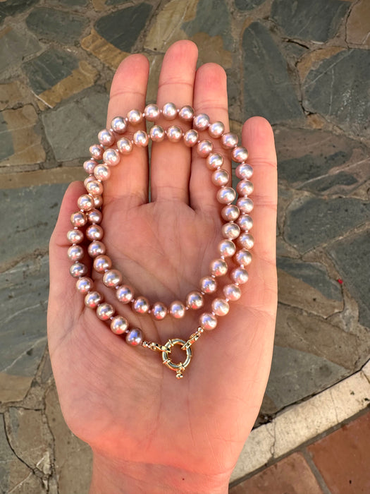 Golden Pink Pearl Necklace and Earrings Set