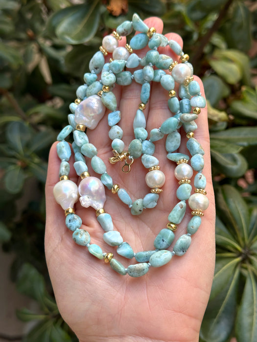 Long Larimar and Baroque Pearl necklace “La Romana”