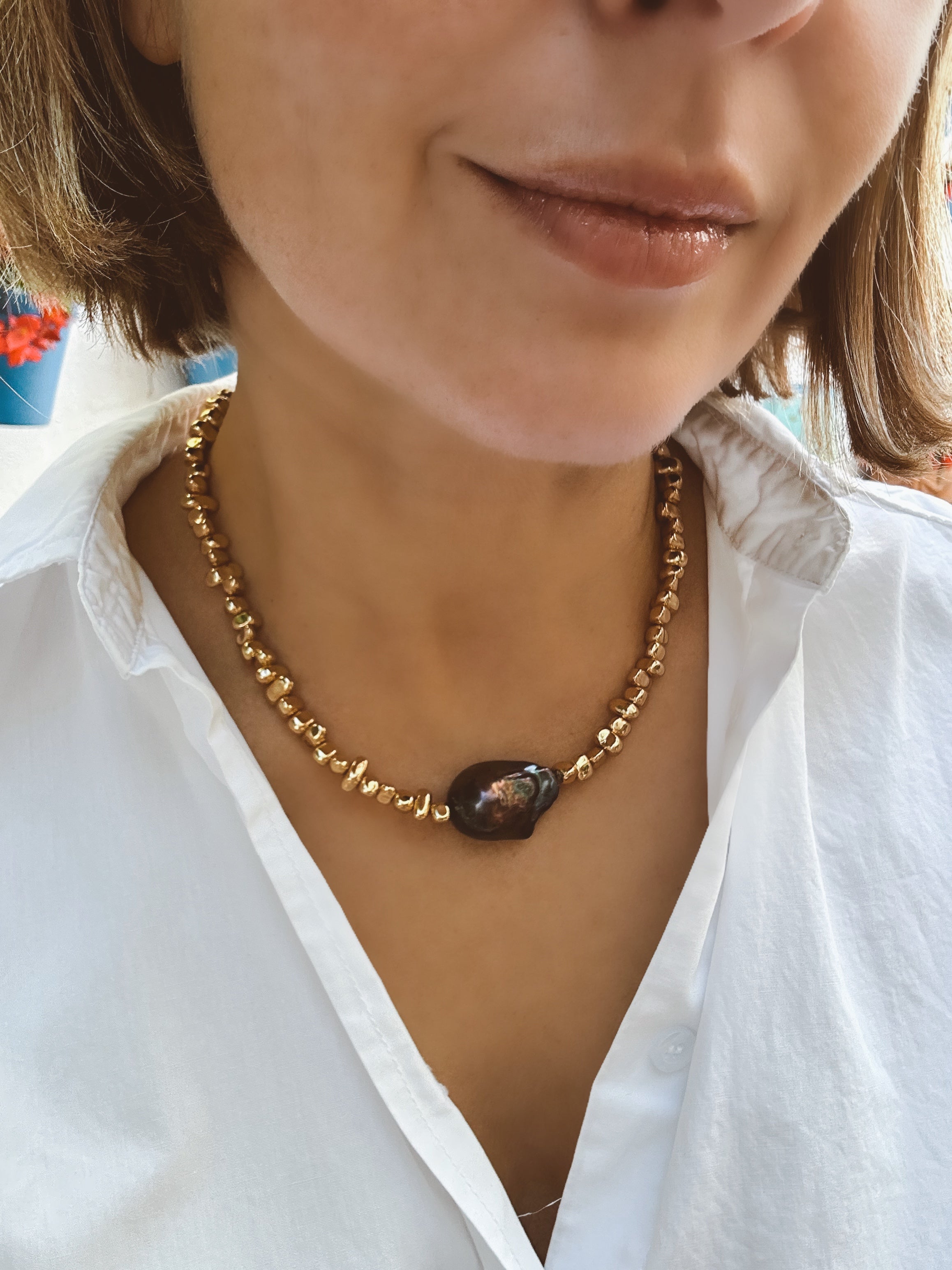 Hematite And Black Baroque Pearl Necklace