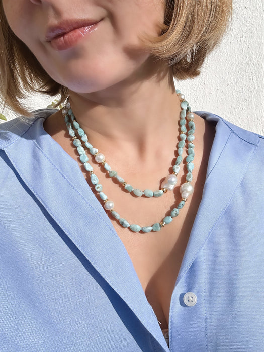 Long Larimar and Baroque Pearl necklace “La Romana”