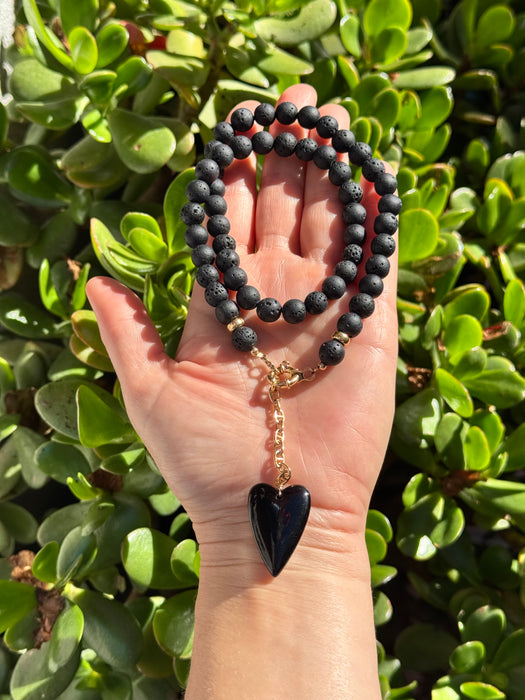 Heart Necklace in Lava Stone Beads and Black Onyx Pendant