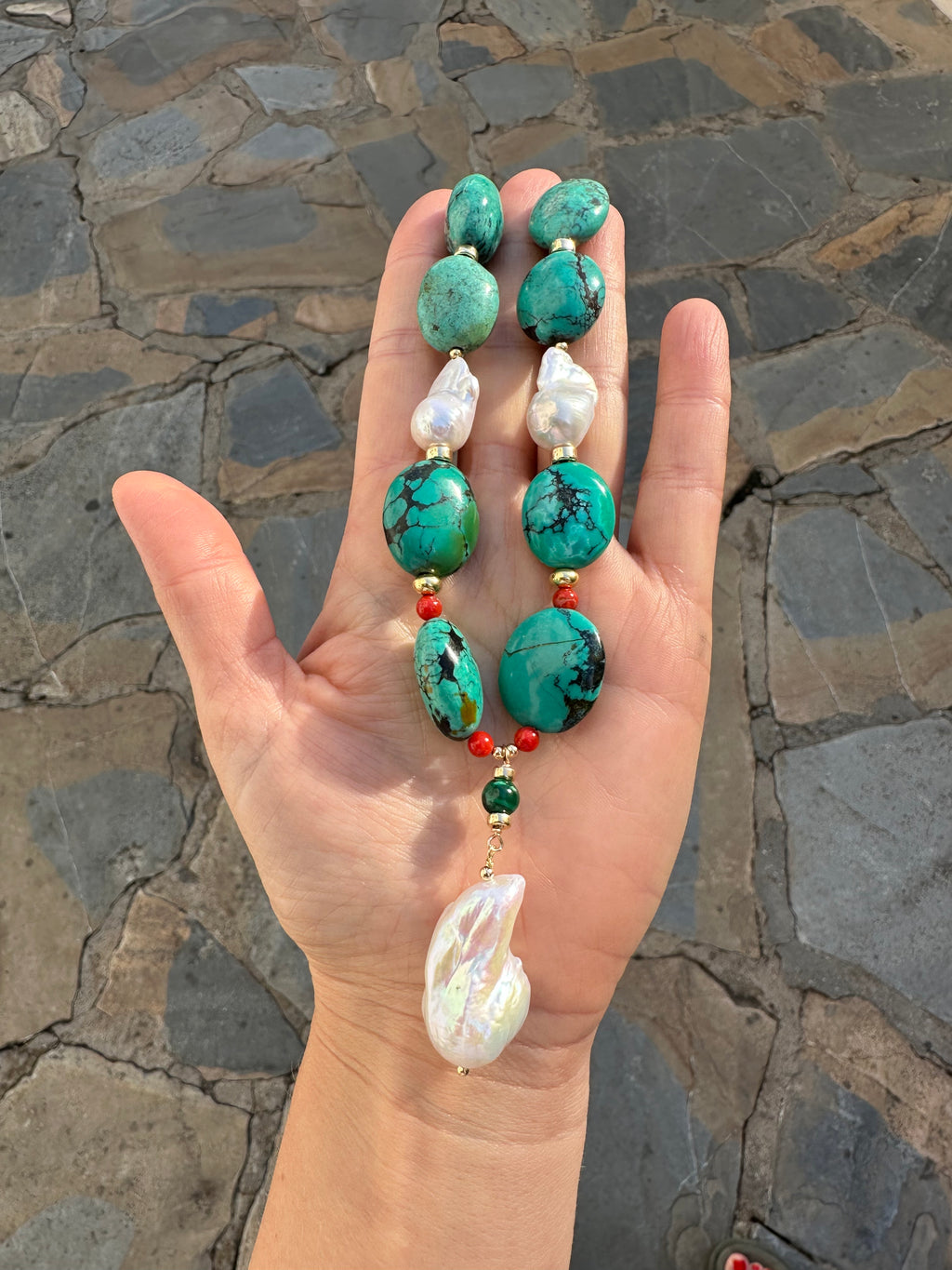 Chunky Natural Turquoise, Coral And Pearls Necklace
