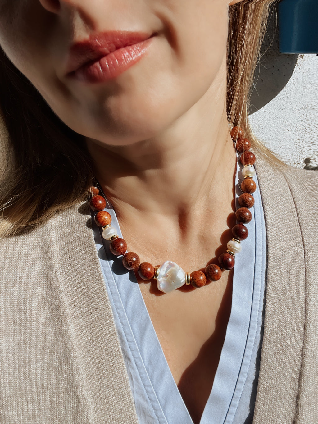 Rosewood And Pearl Statement Necklace